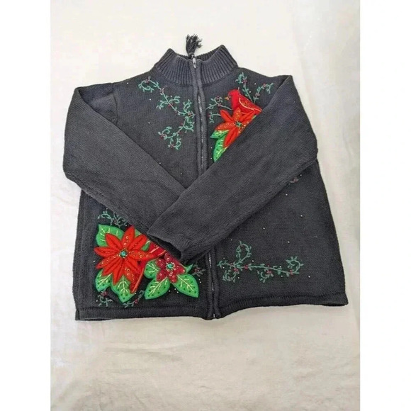 Poinsettia and cardinal holiday zip up cardigan sweater, black women's size 12 - Picture 2 of 9